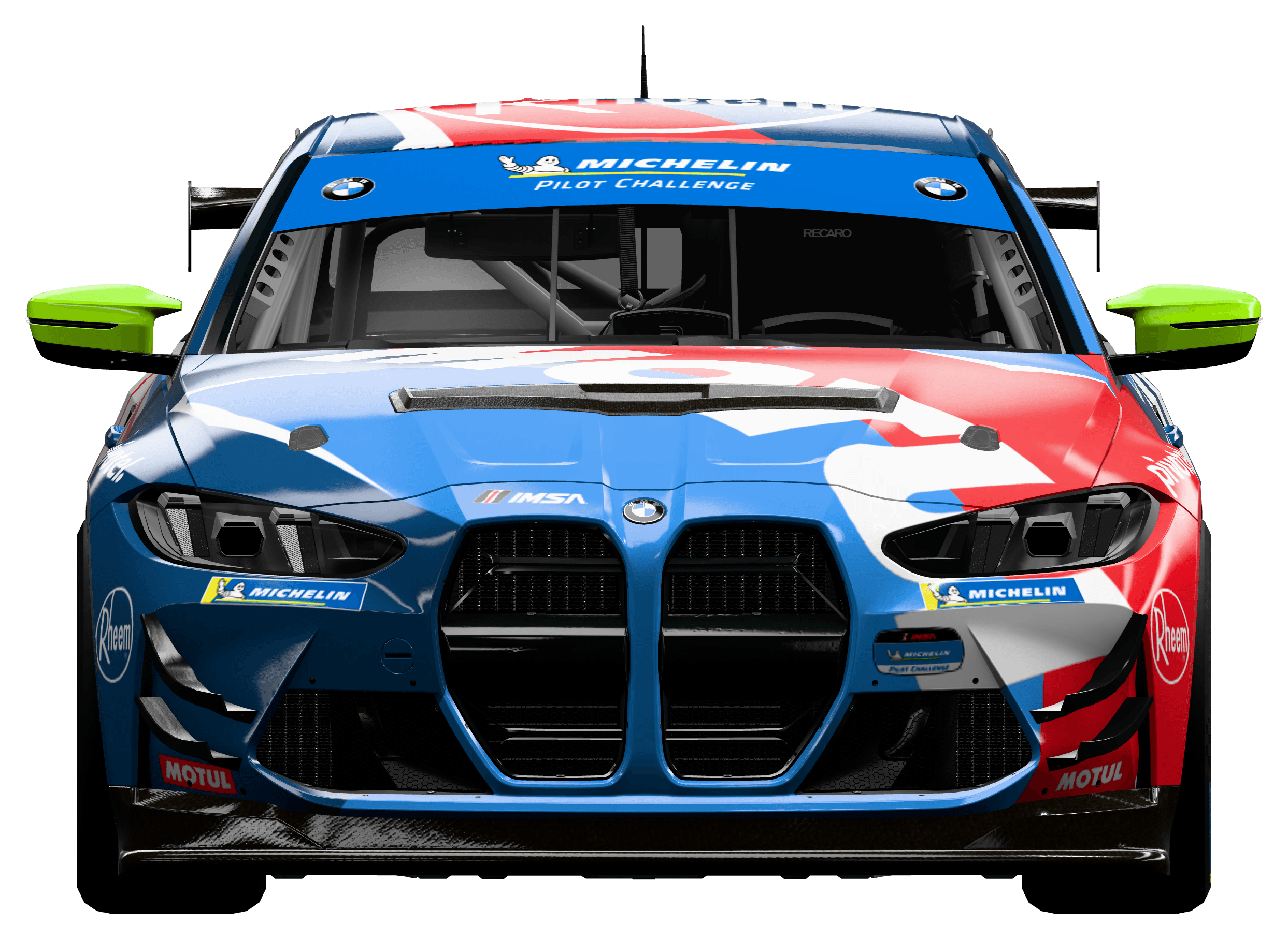 Front view of the BMW M4 GT4 EVO with lime mirrors and a red and blue bonnet