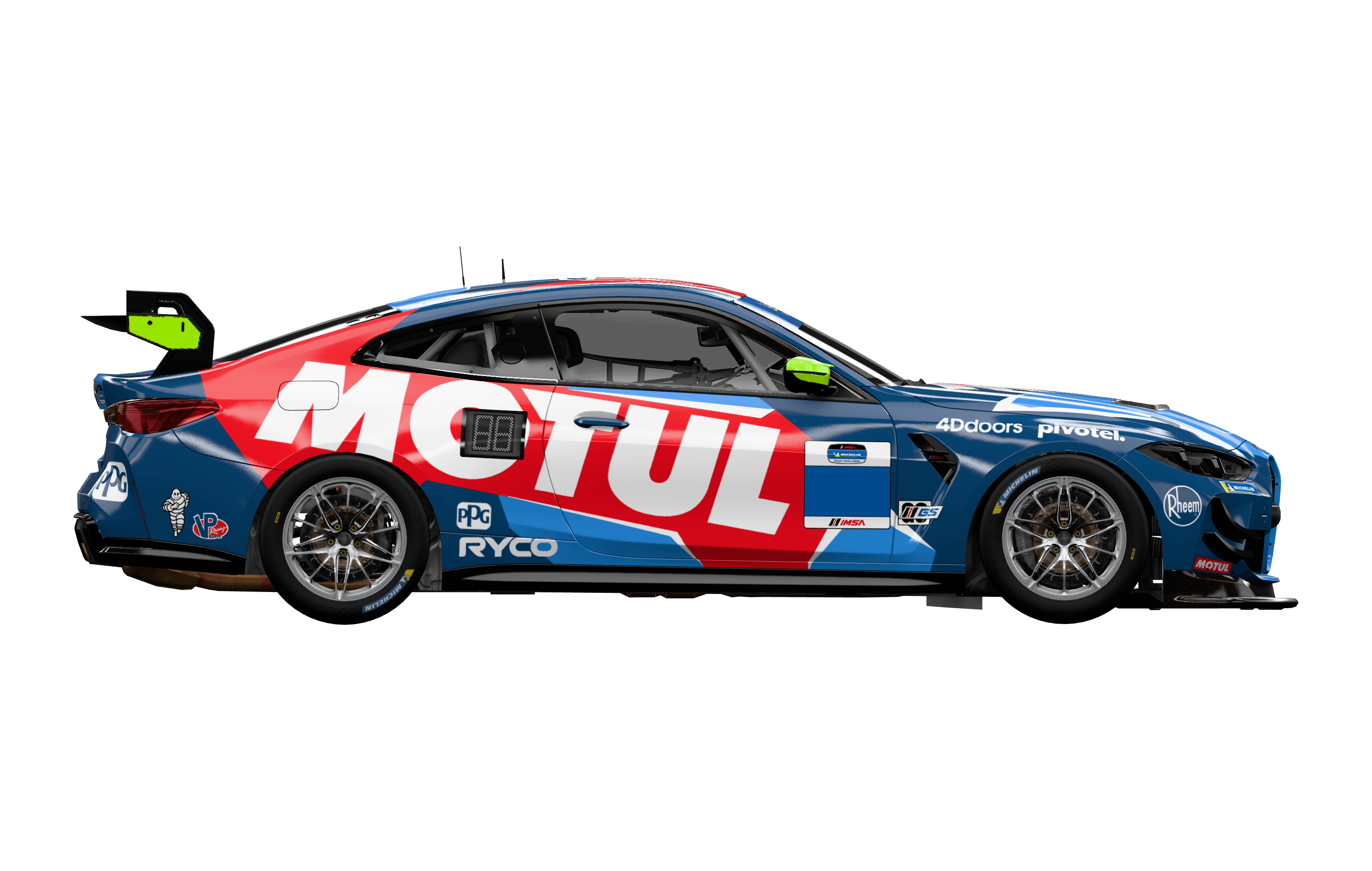Side view of the blue and red MOTUL BMW M4 GT4 EVO with silver wheels and its ground shadow