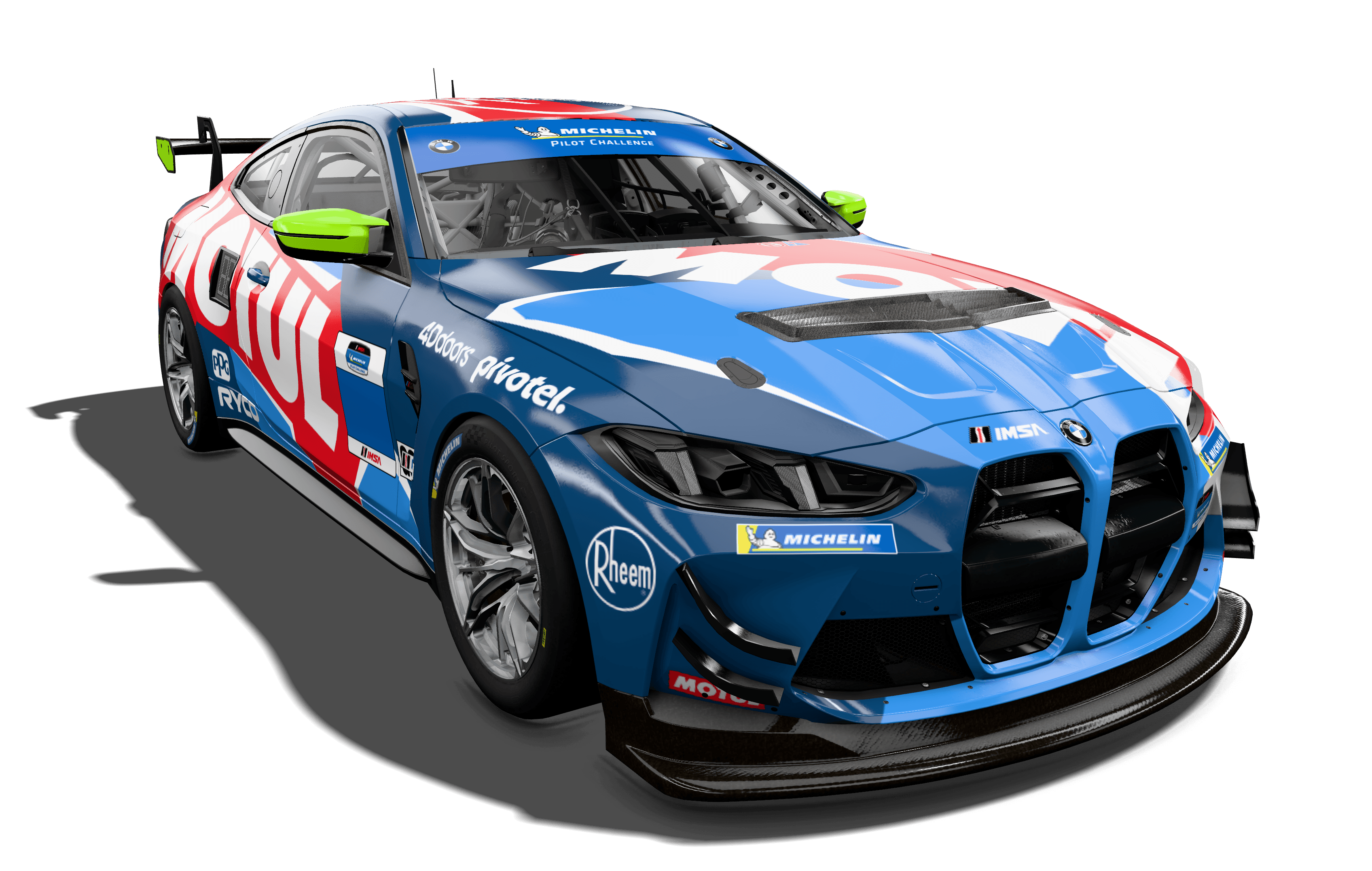 Actual BMW M4 GT4 EVO render with the installed blue and red MOTUL livery, lime mirrors, and silver wheels